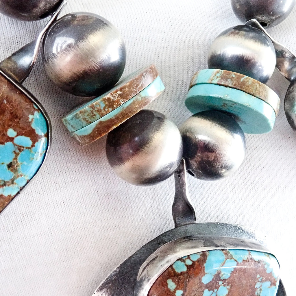 CHIMNEY BUTTE Navajo Number 8 Turquoise Squash Blossom Sterling Silver Necklace