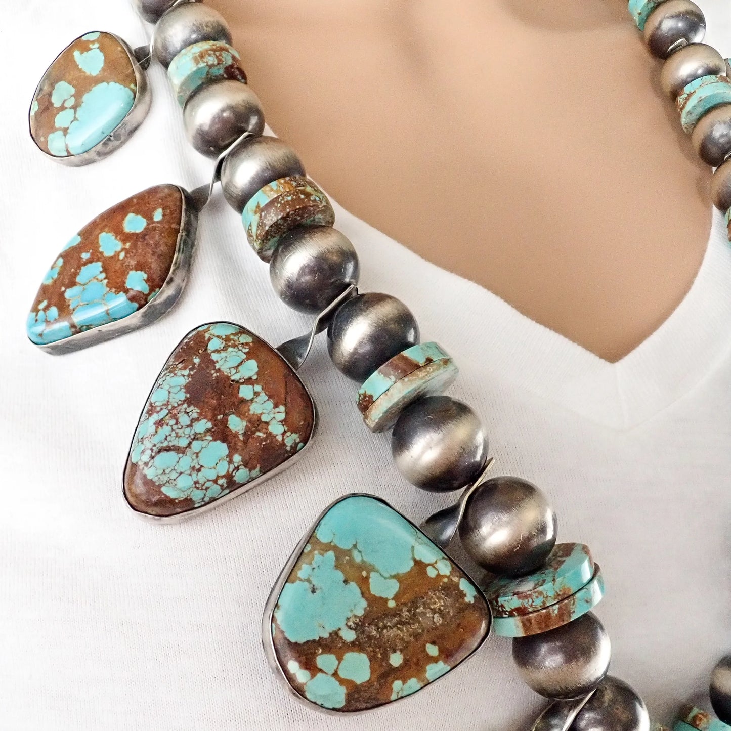 CHIMNEY BUTTE Navajo Number 8 Turquoise Squash Blossom Sterling Silver Necklace