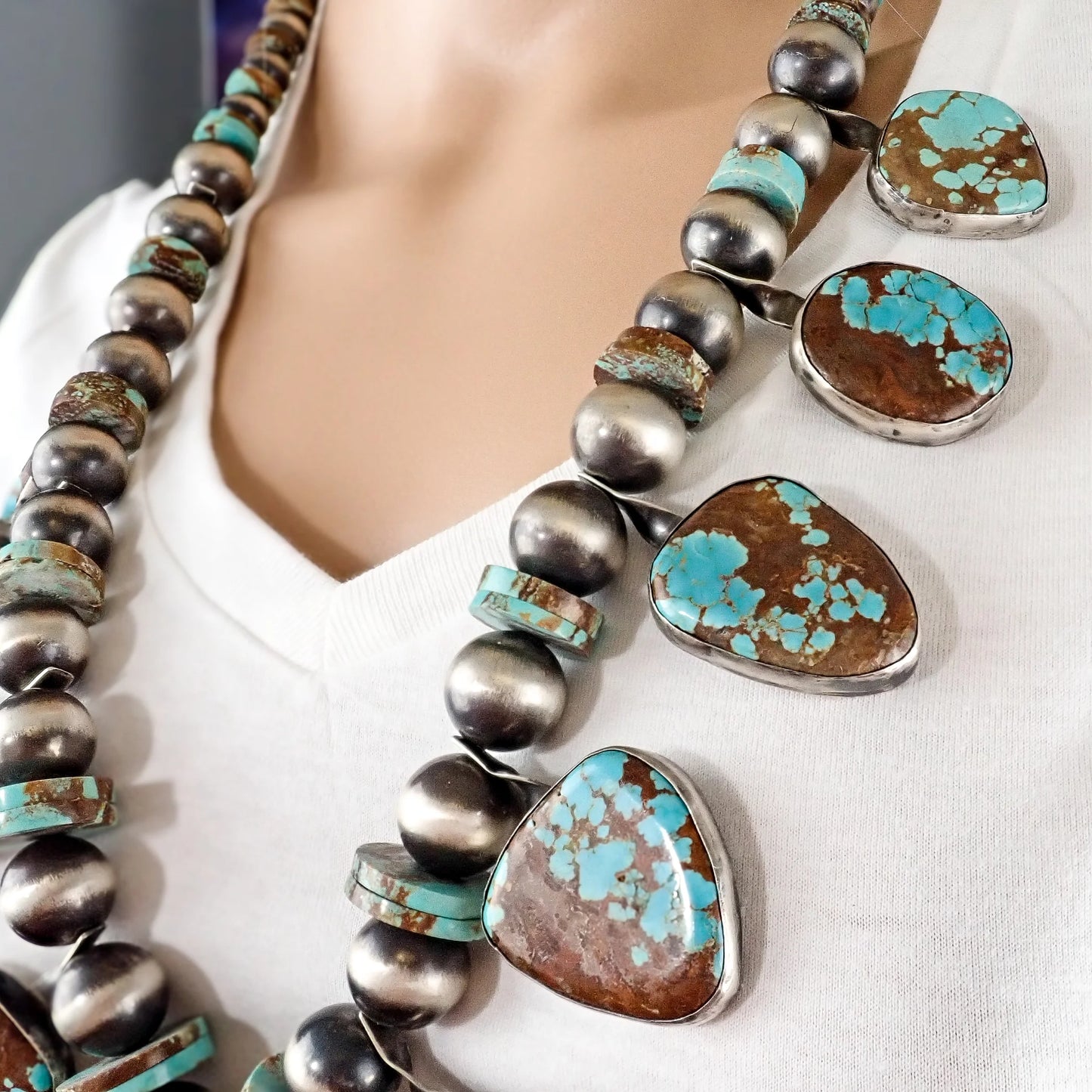 CHIMNEY BUTTE Navajo Number 8 Turquoise Squash Blossom Sterling Silver Necklace