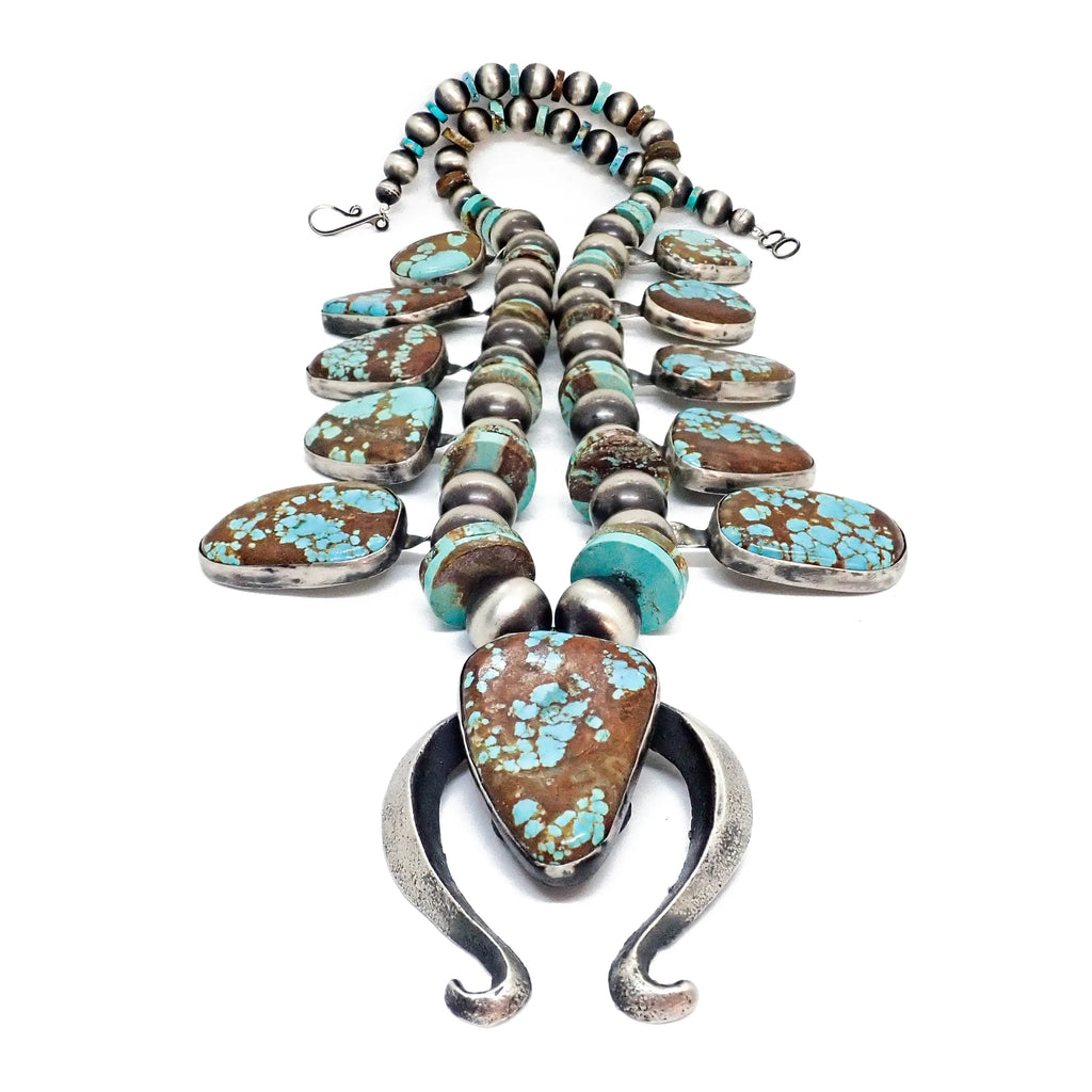 CHIMNEY BUTTE Navajo Number 8 Turquoise Squash Blossom Sterling Silver Necklace