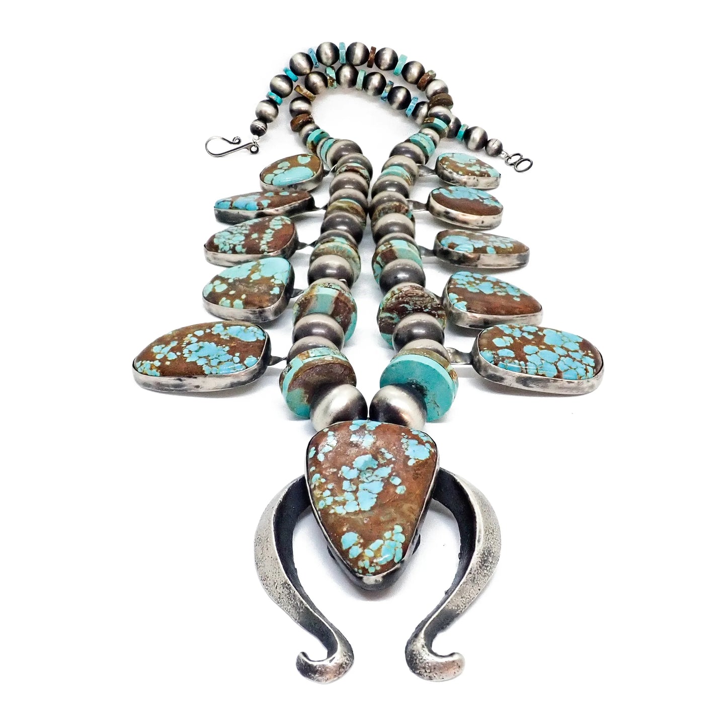 CHIMNEY BUTTE Navajo Number 8 Turquoise Squash Blossom Sterling Silver Necklace