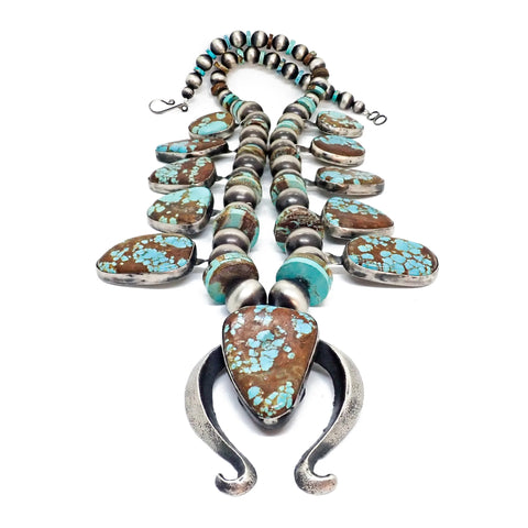 CHIMNEY BUTTE Navajo Number 8 Turquoise Squash Blossom Sterling Silver Necklace