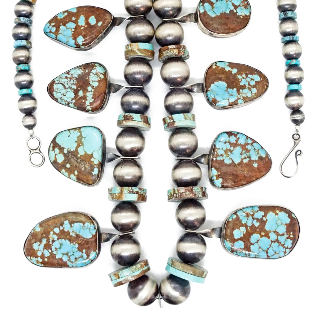 CHIMNEY BUTTE Navajo Number 8 Turquoise Squash Blossom Sterling Silver Necklace