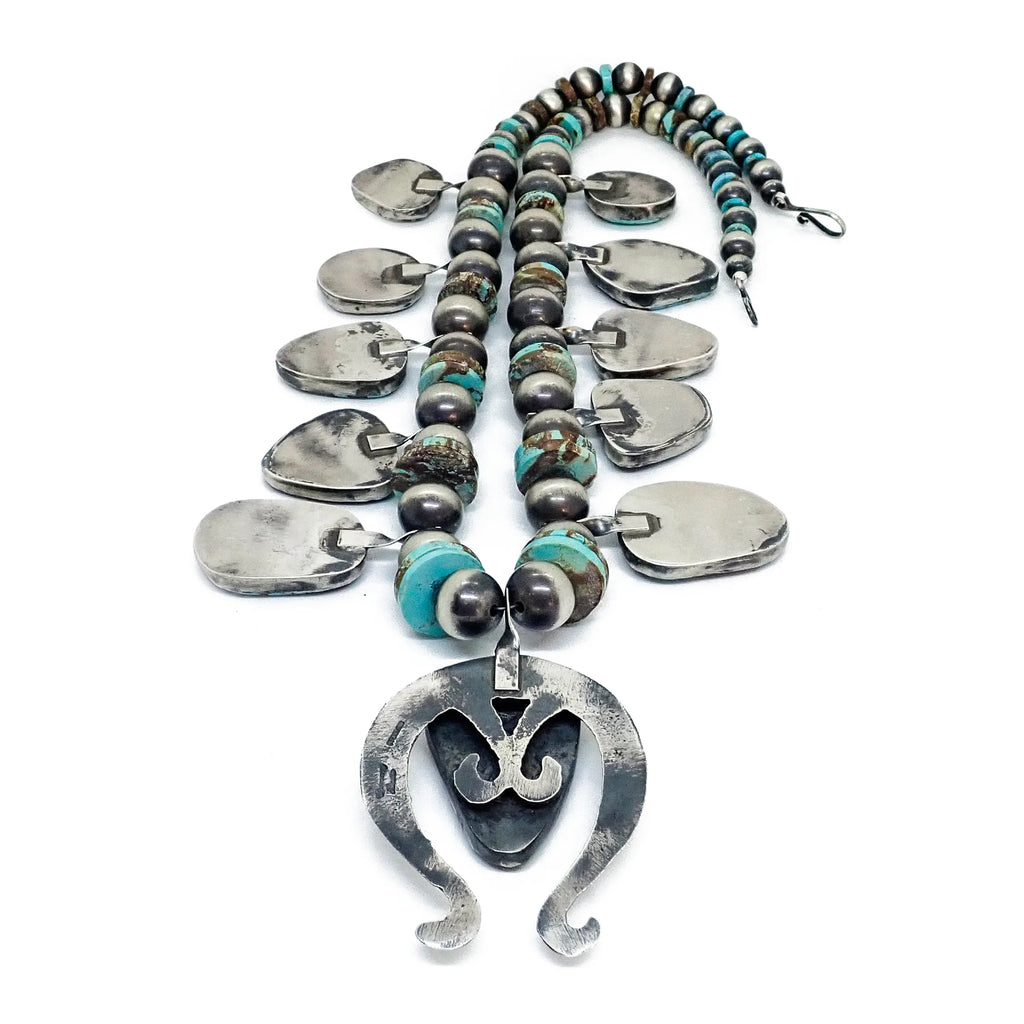 CHIMNEY BUTTE Navajo Number 8 Turquoise Squash Blossom Sterling Silver Necklace