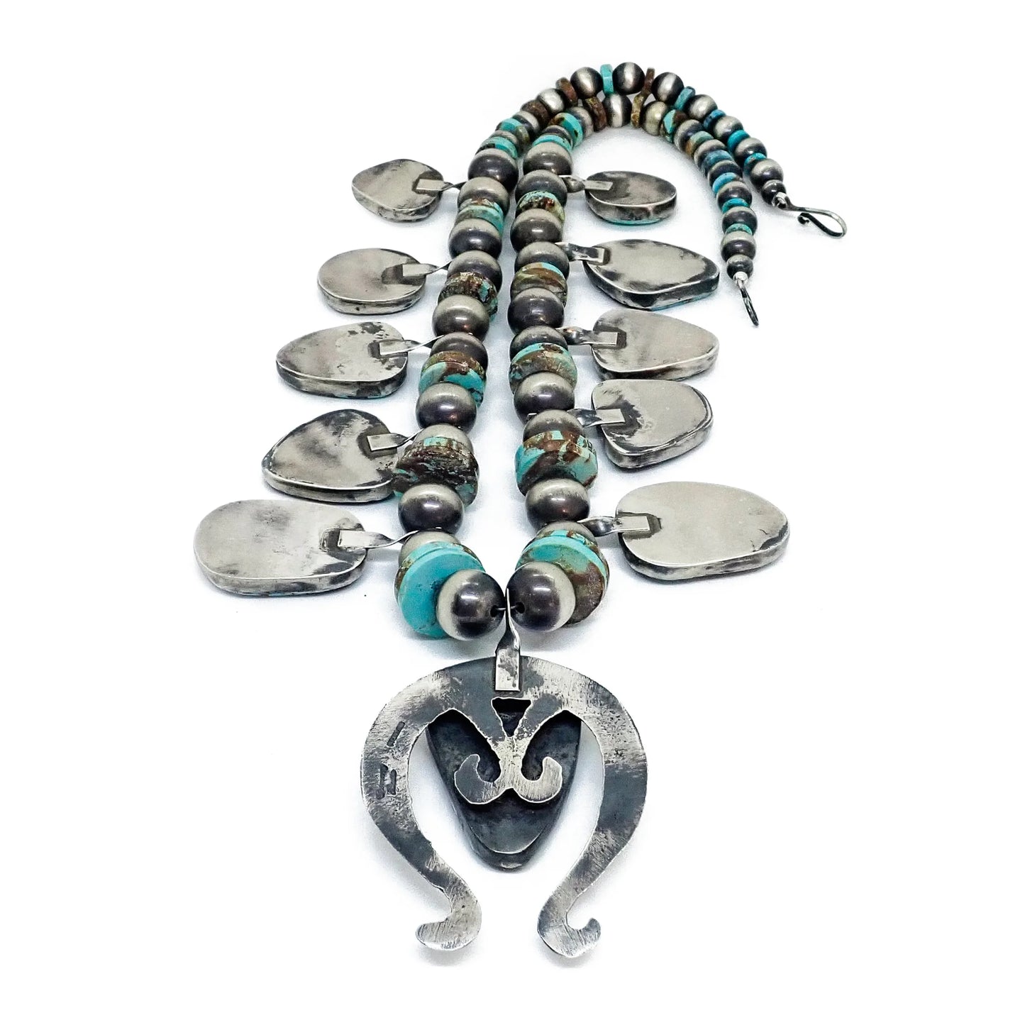 CHIMNEY BUTTE Navajo Number 8 Turquoise Squash Blossom Sterling Silver Necklace