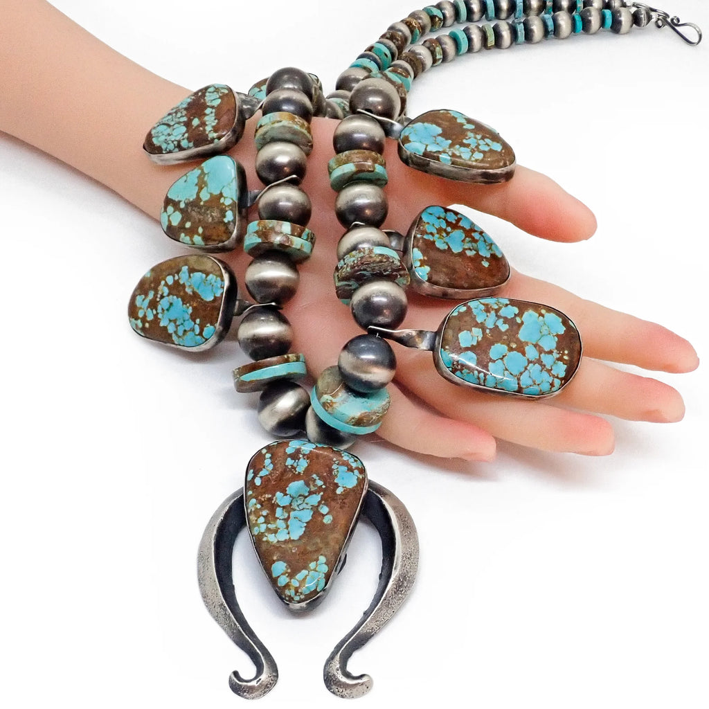 CHIMNEY BUTTE Navajo Number 8 Turquoise Squash Blossom Sterling Silver Necklace