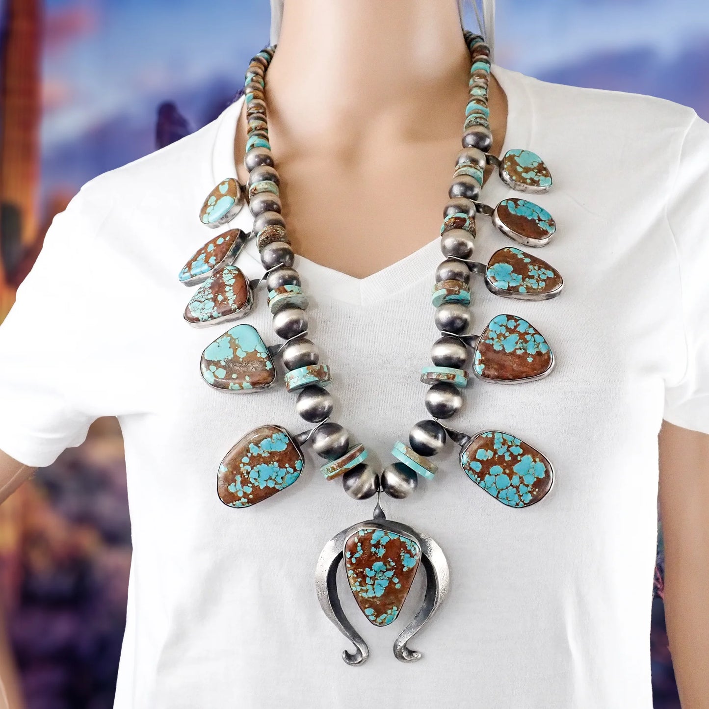 CHIMNEY BUTTE Navajo Number 8 Turquoise Squash Blossom Sterling Silver Necklace