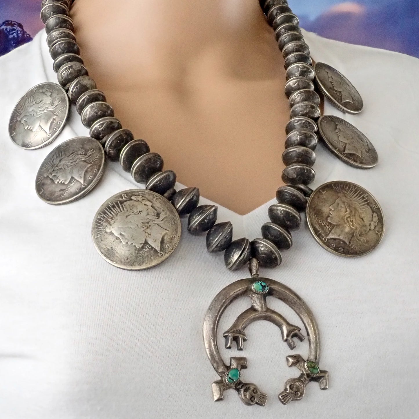 1970s Navajo Yei Naja & Peace Silver Dollar Coins Mercury Dime Bead Necklace