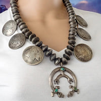 1970s Navajo Yei Naja & Peace Silver Dollar Coins Mercury Dime Bead Necklace
