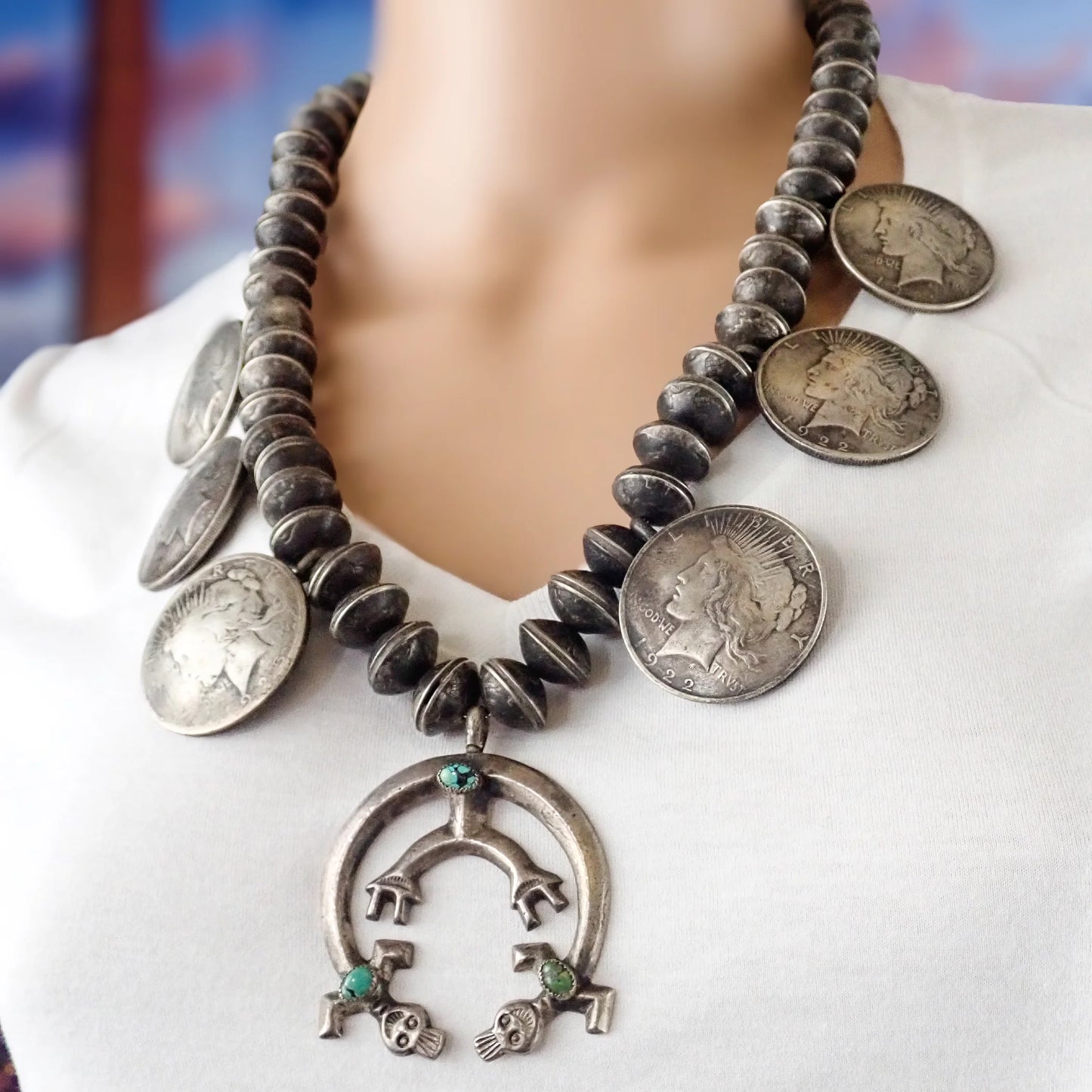 1970s Navajo Yei Naja & Peace Silver Dollar Coins Mercury Dime Bead Necklace