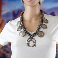 1970s Navajo Yei Naja & Peace Silver Dollar Coins Mercury Dime Bead Necklace