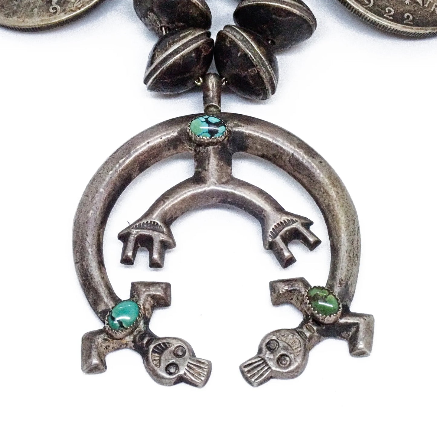 1970s Navajo Yei Naja & Peace Silver Dollar Coins Mercury Dime Bead Necklace