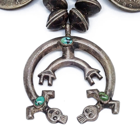 1970s Navajo Yei Naja & Peace Silver Dollar Coins Mercury Dime Bead Necklace