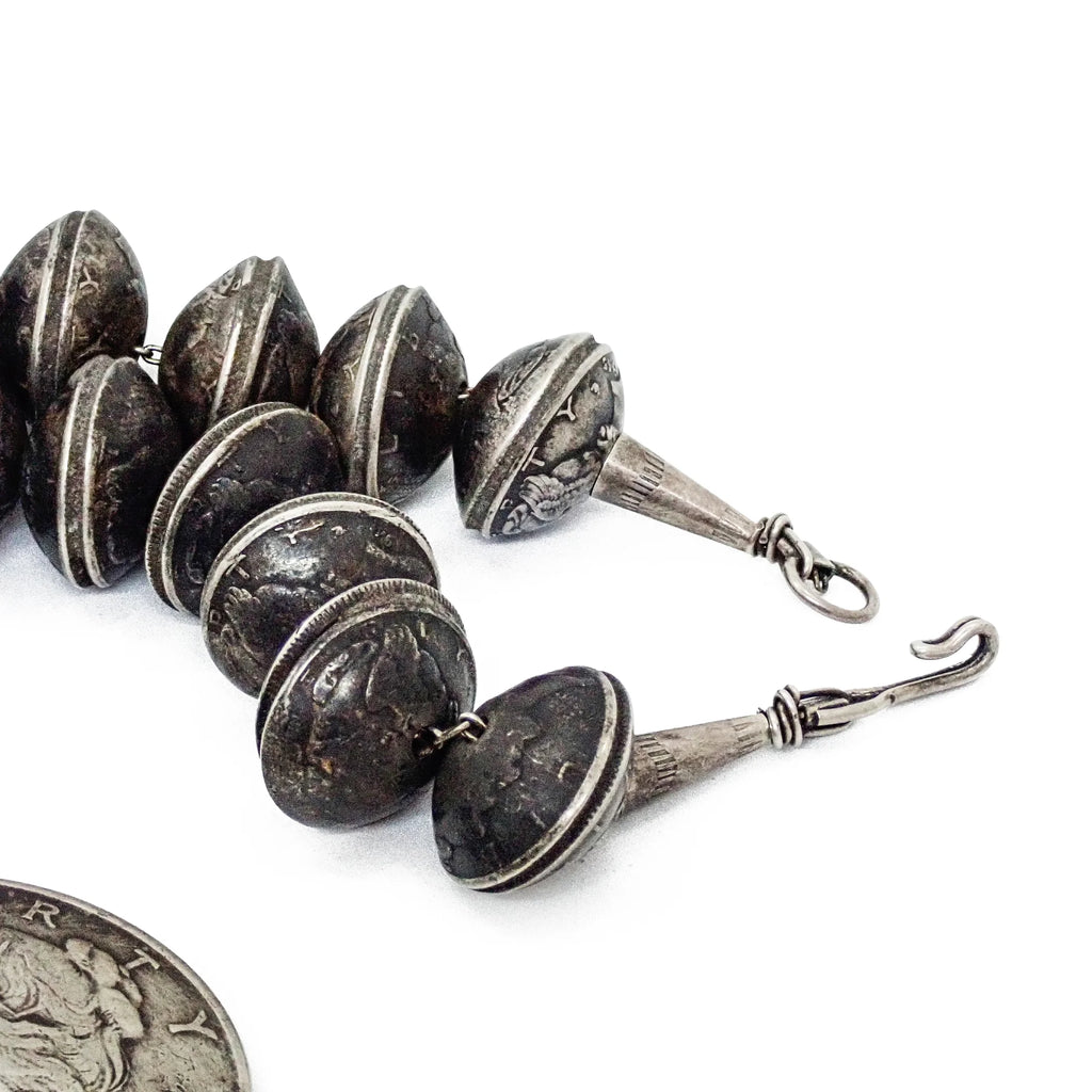 1970s Navajo Yei Naja & Peace Silver Dollar Coins Mercury Dime Bead Necklace
