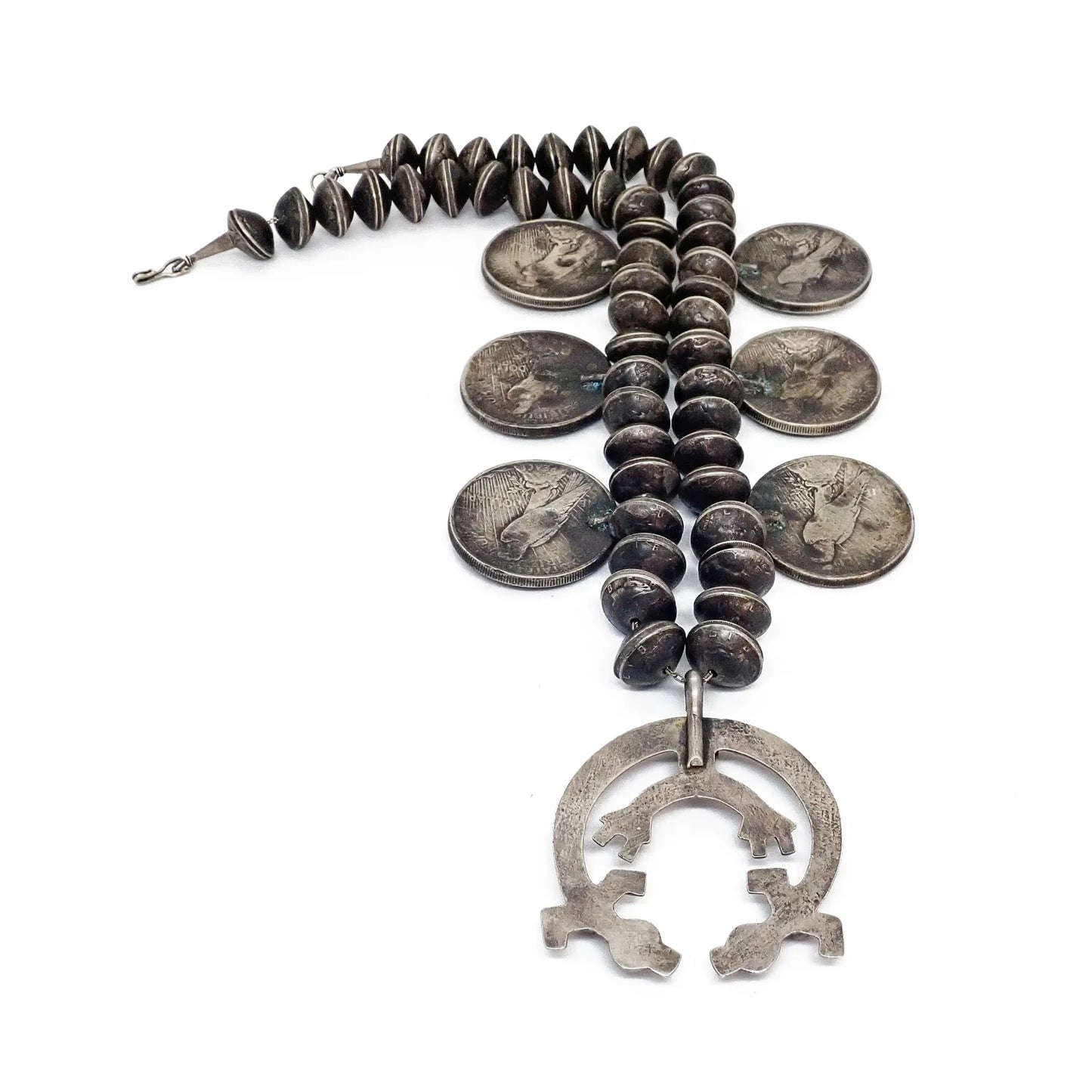 1970s Navajo Yei Naja & Peace Silver Dollar Coins Mercury Dime Bead Necklace