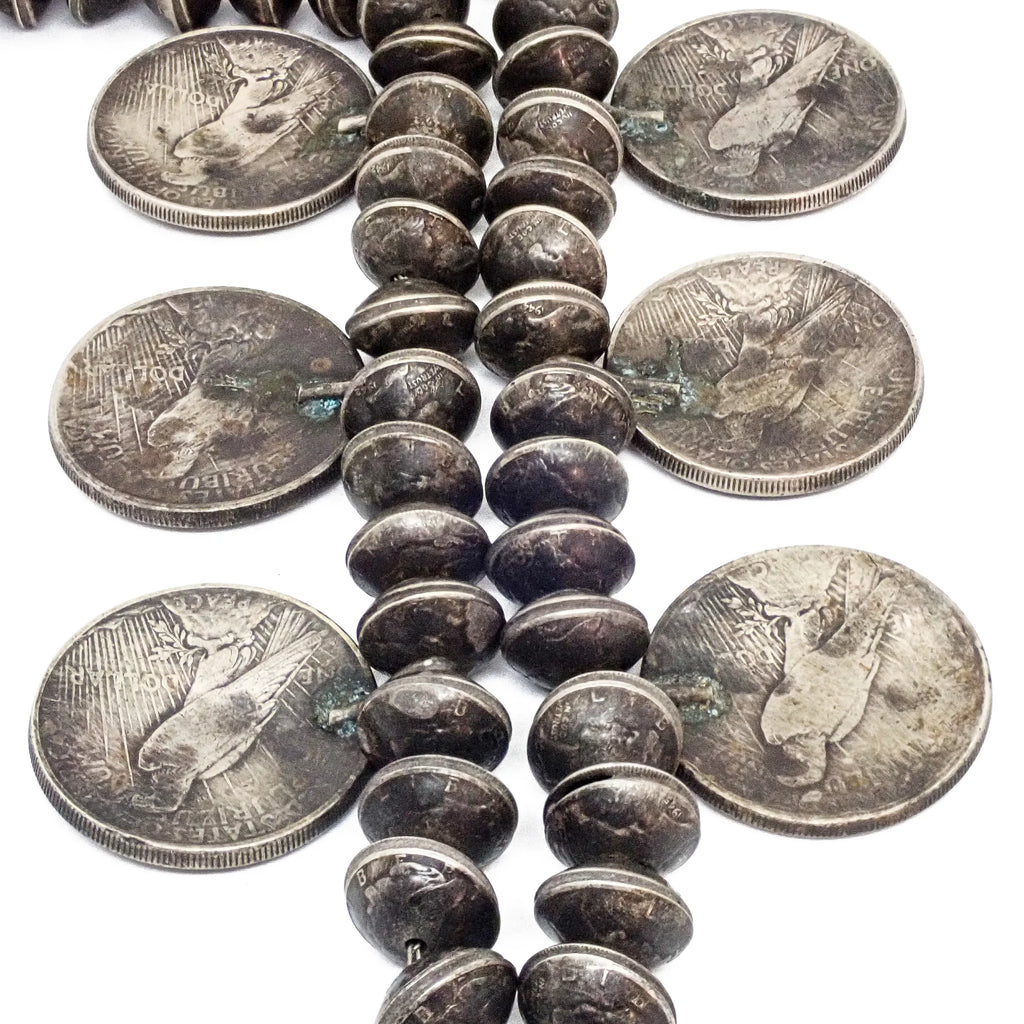 1970s Navajo Yei Naja & Peace Silver Dollar Coins Mercury Dime Bead Necklace