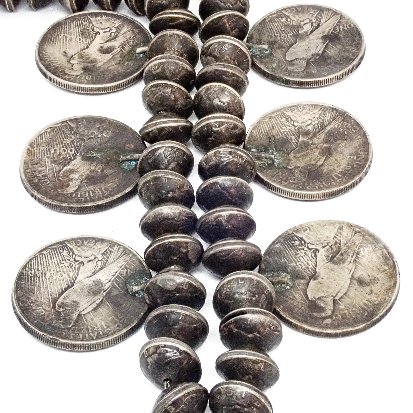 1970s Navajo Yei Naja & Peace Silver Dollar Coins Mercury Dime Bead Necklace