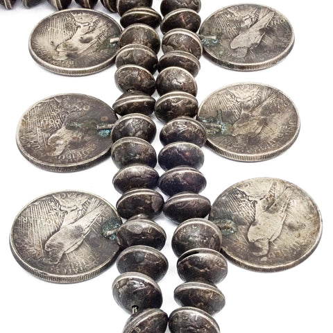 1970s Navajo Yei Naja & Peace Silver Dollar Coins Mercury Dime Bead Necklace