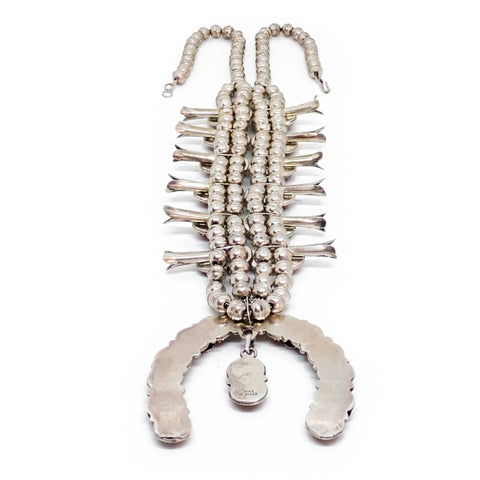 EFFIE CALAVAZA Zuni Coral Cluster Snake Squash Blossom Sterling Silver Necklace