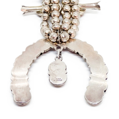 EFFIE CALAVAZA Zuni Coral Cluster Snake Squash Blossom Sterling Silver Necklace
