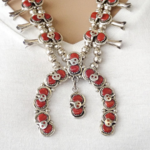 EFFIE CALAVAZA Zuni Coral Cluster Snake Squash Blossom Sterling Silver Necklace