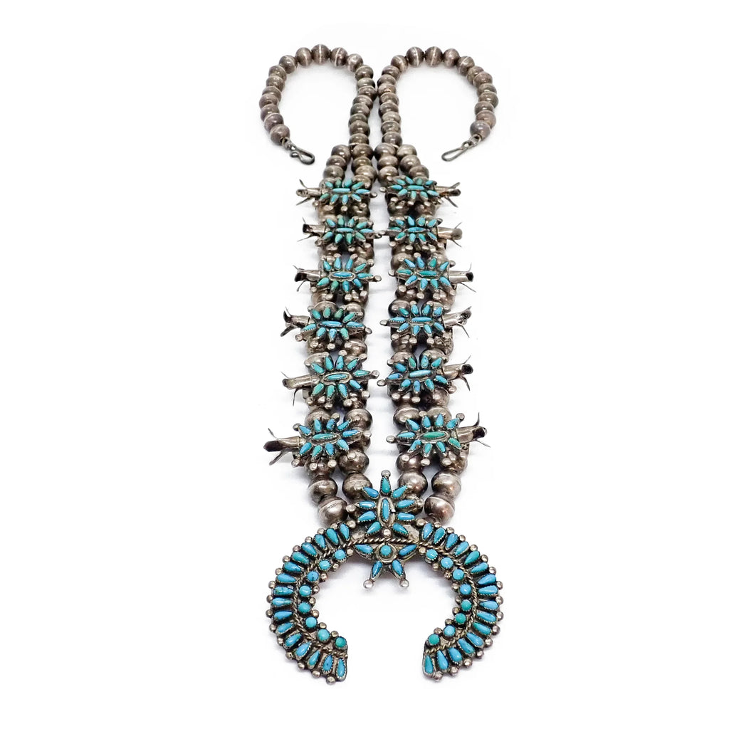 HOOEE 1960s Zuni Turquoise Petit Point Cluster Squash Blossom Sterling Silver Necklace