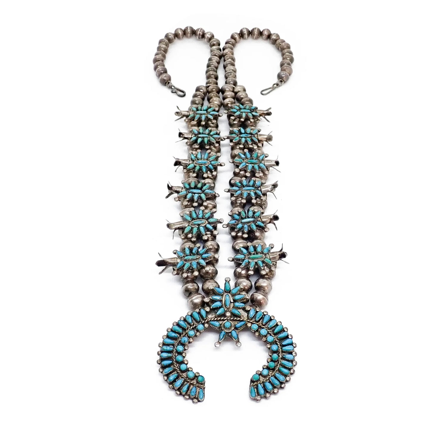 HOOEE 1960s Zuni Turquoise Petit Point Cluster Squash Blossom Sterling Silver Necklace