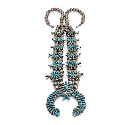 HOOEE 1960s Zuni Turquoise Petit Point Cluster Squash Blossom Sterling Silver Necklace