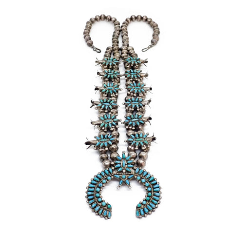 HOOEE 1960s Zuni Turquoise Petit Point Cluster Squash Blossom Sterling Silver Necklace