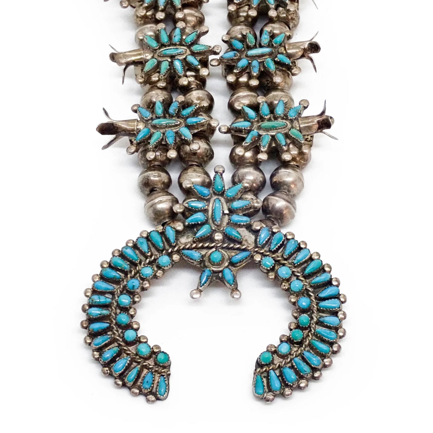 HOOEE 1960s Zuni Turquoise Petit Point Cluster Squash Blossom Sterling Silver Necklace
