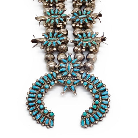 HOOEE 1960s Zuni Turquoise Petit Point Cluster Squash Blossom Sterling Silver Necklace
