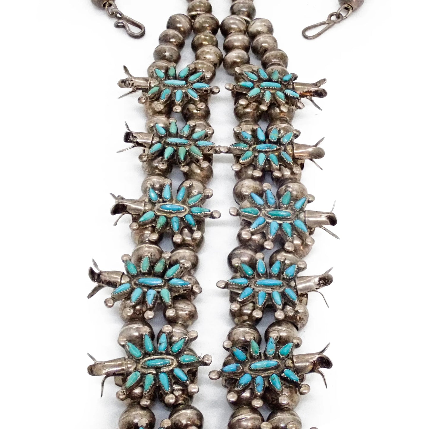 HOOEE 1960s Zuni Turquoise Petit Point Cluster Squash Blossom Sterling Silver Necklace