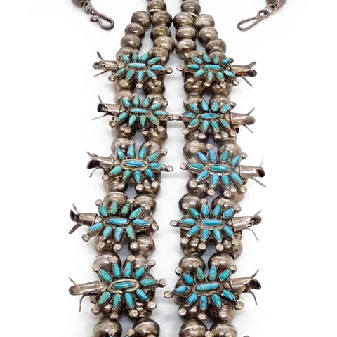 HOOEE 1960s Zuni Turquoise Petit Point Cluster Squash Blossom Sterling Silver Necklace
