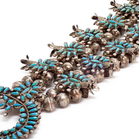 HOOEE 1960s Zuni Turquoise Petit Point Cluster Squash Blossom Sterling Silver Necklace