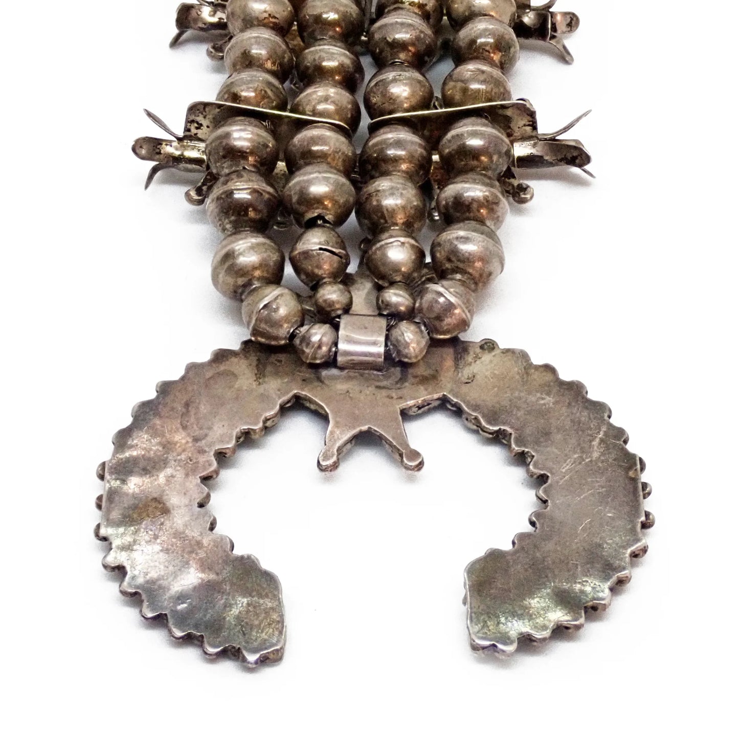 HOOEE 1960s Zuni Turquoise Petit Point Cluster Squash Blossom Sterling Silver Necklace