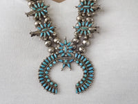 HOOEE 1960s Zuni Turquoise Petit Point Cluster Squash Blossom Sterling Silver Necklace