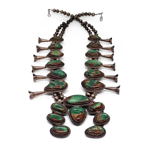 HARRISON 1970's Nevada Turquoise Squash Blossom Sterling Silver Necklace & Bracelet Set