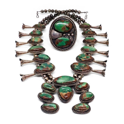 HARRISON 1970's Nevada Turquoise Squash Blossom Sterling Silver Necklace & Bracelet Set