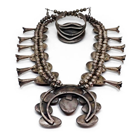 HARRISON 1970's Nevada Turquoise Squash Blossom Sterling Silver Necklace & Bracelet Set