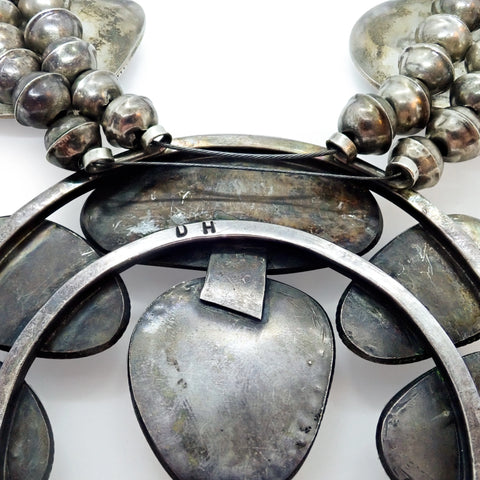 HARRISON 1970's Nevada Turquoise Squash Blossom Sterling Silver Necklace & Bracelet Set