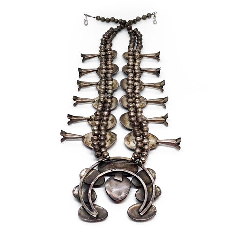 HARRISON 1970's Nevada Turquoise Squash Blossom Sterling Silver Necklace & Bracelet Set