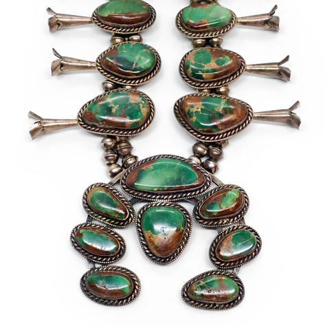 HARRISON 1970's Nevada Turquoise Squash Blossom Sterling Silver Necklace & Bracelet Set