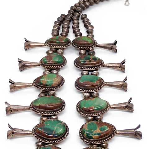 HARRISON 1970's Nevada Turquoise Squash Blossom Sterling Silver Necklace & Bracelet Set