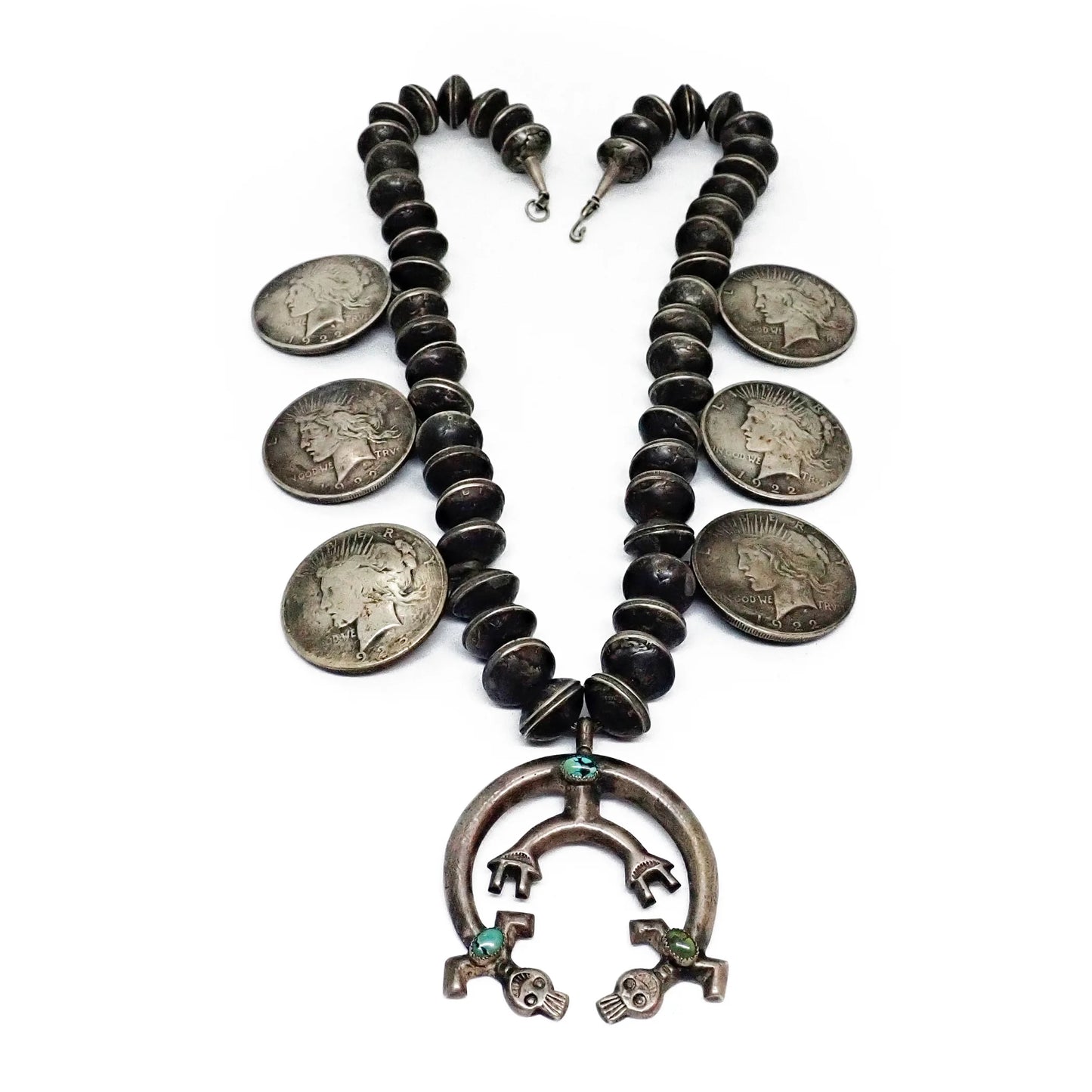 1970s Navajo Yei Naja & Peace Silver Dollar Coins Mercury Dime Bead Necklace
