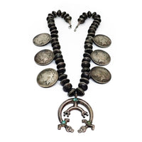 1970s Navajo Yei Naja & Peace Silver Dollar Coins Mercury Dime Bead Necklace