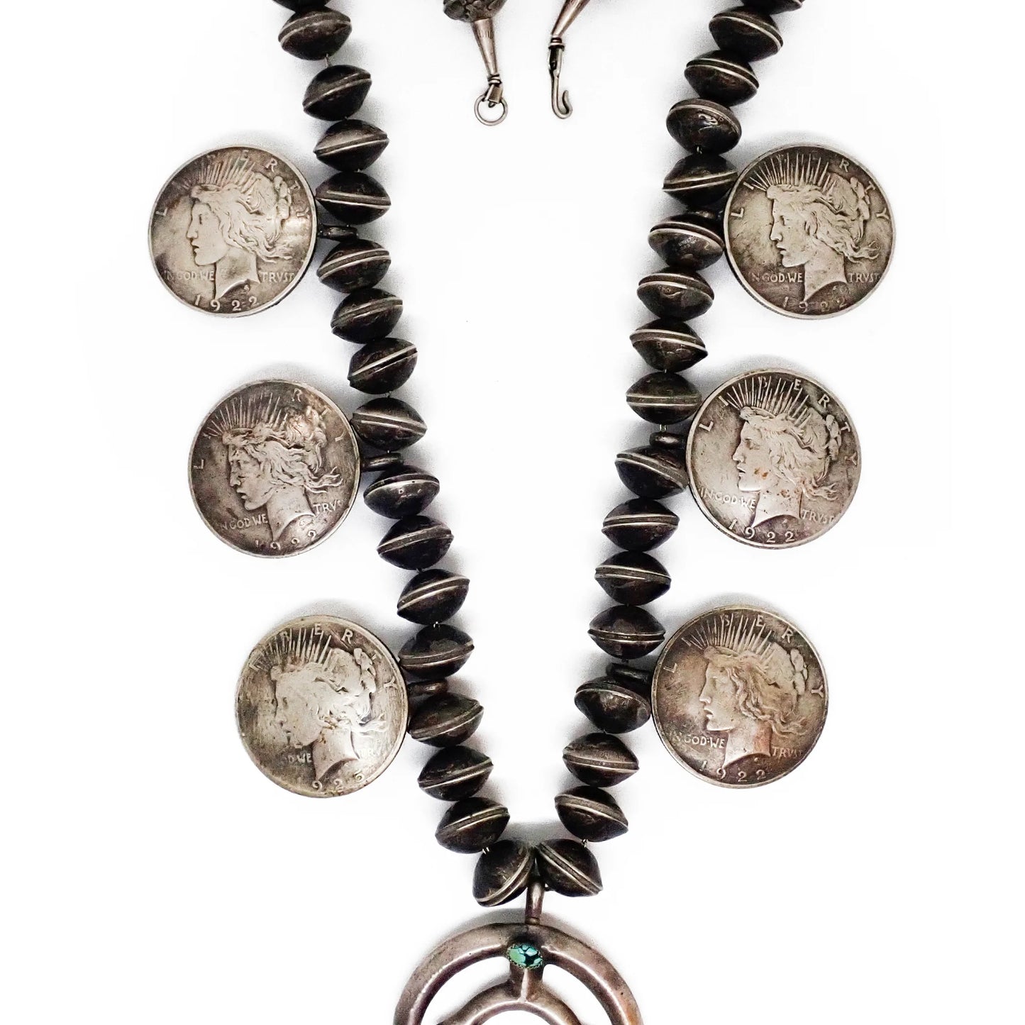 1970s Navajo Yei Naja & Peace Silver Dollar Coins Mercury Dime Bead Necklace
