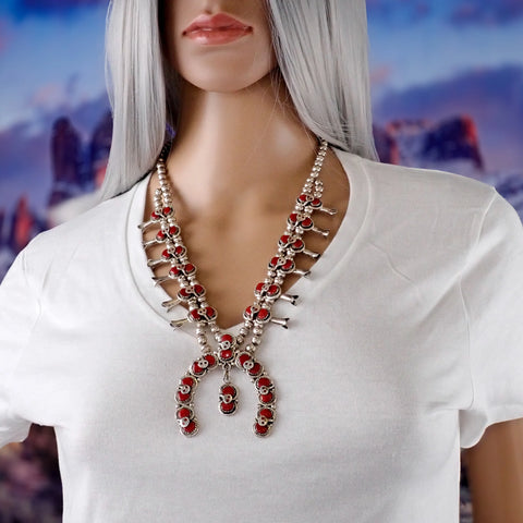 EFFIE CALAVAZA Zuni Coral Cluster Snake Squash Blossom Sterling Silver Necklace