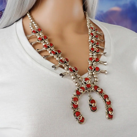 EFFIE CALAVAZA Zuni Coral Cluster Snake Squash Blossom Sterling Silver Necklace