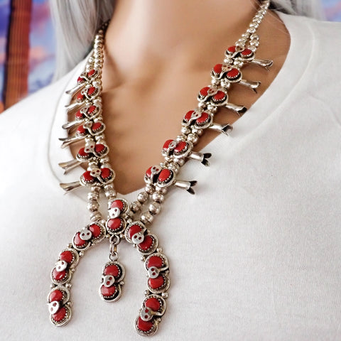 EFFIE CALAVAZA Zuni Coral Cluster Snake Squash Blossom Sterling Silver Necklace