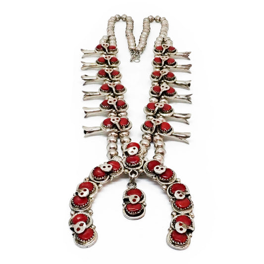 EFFIE CALAVAZA Zuni Coral Cluster Snake Squash Blossom Sterling Silver Necklace